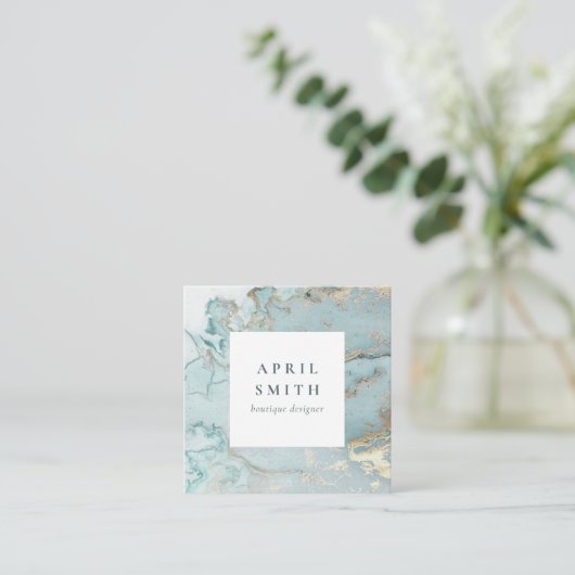 ELEGANT CLASSY AQUA DUSKY BLUE GOLD AGATE GEODE VIERKANTE VISITEKAARTJE (Staand voorkant)