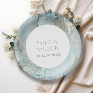 ELEGANT CLASSY AQUA DUSKY BLUE GOLD AGATE WEDDING PAPIEREN BORDJE