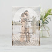 Elegant Classy Arch Script Photo Weddenschap Kaart (Staand voorkant)