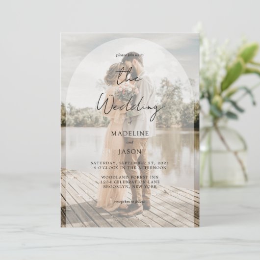 Elegant Classy Arch Script Photo Weddenschap Kaart (Staand voorkant)