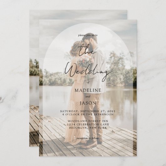 Elegant Classy Arch Script Photo Weddenschap Kaart (Voorkant / Achterkant)