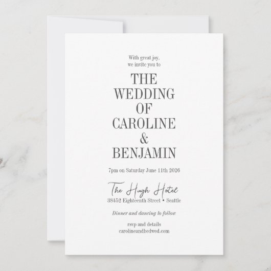 Elegant Classy Black en White Serif Wedding Kaart (Voorkant)