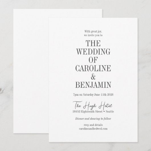 Elegant Classy Black en White Serif Wedding Kaart (Voorkant / Achterkant)