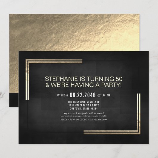 Elegant Classy Black/Gold Birthday Party Kaart (Voorkant / Achterkant)