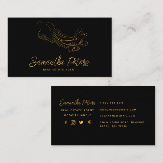 Elegant Classy Black Gold Peacock Real Estate Visitekaartje (Voorkant / Achterkant)