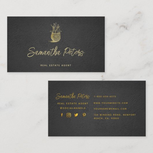 Elegant Classy Black Gold Pineapple Real Estate Visitekaartje (Voorkant / Achterkant)