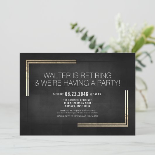 Elegant Classy Black/Gold Retirement Party Kaart (Staand voorkant)