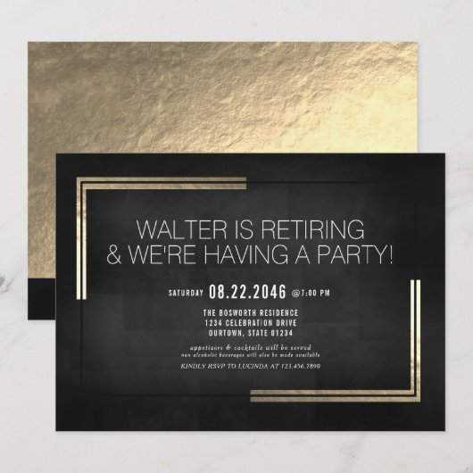 Elegant Classy Black/Gold Retirement Party Kaart (Voorkant / Achterkant)