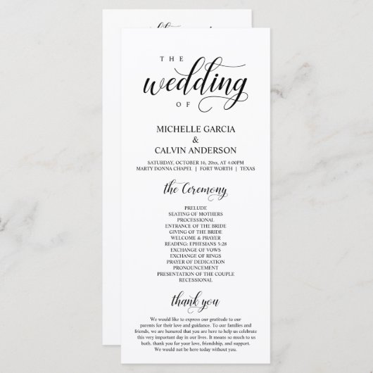 Elegant Classy, Black script, Wedding Ceremony Pro Programmakaart (Voorkant / Achterkant)