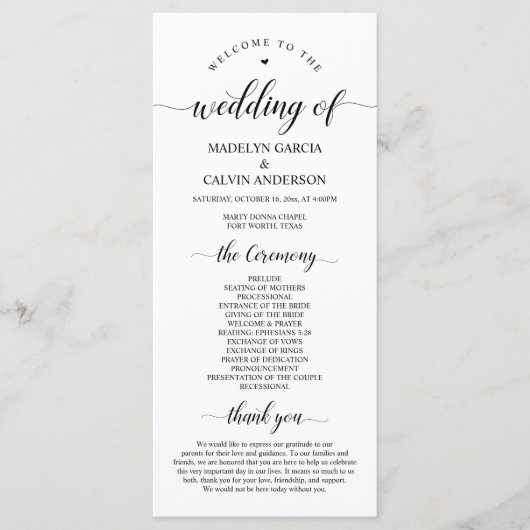 Elegant Classy, Black script, Wedding Ceremony Programmakaart (Voorkant)