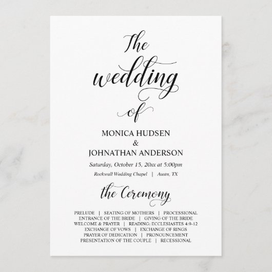 Elegant Classy, Black script, Wedding Ceremony Programmakaart (Voorkant)