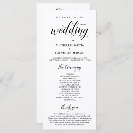 Elegant Classy, Black script, Wedding Ceremony Programmakaart (Voorkant / Achterkant)