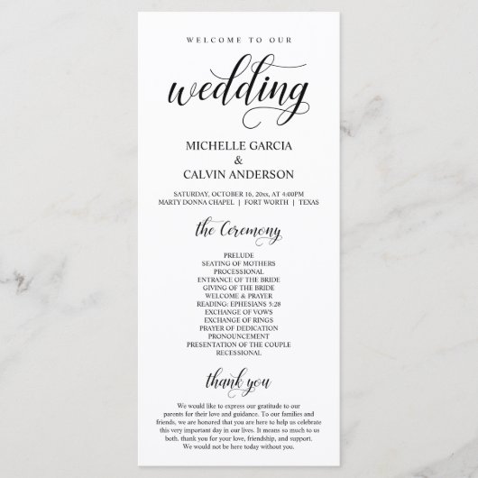 Elegant Classy, Black script, Wedding Ceremony Programmakaart (Voorkant)