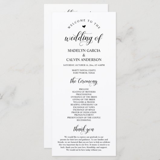 Elegant Classy, Black script, Wedding Ceremony Programmakaart (Voorkant / Achterkant)