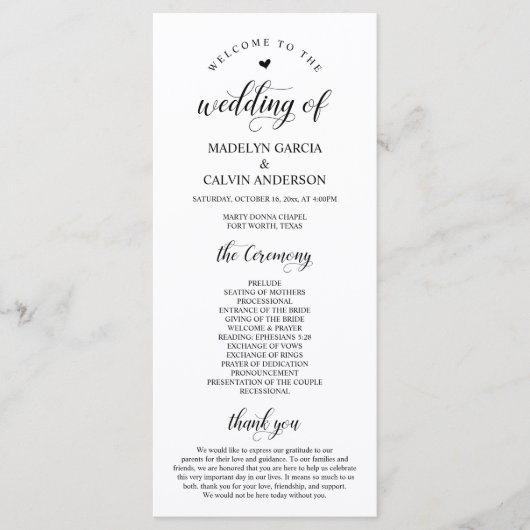 Elegant Classy, Black script, Wedding Ceremony Programmakaart (Voorkant)