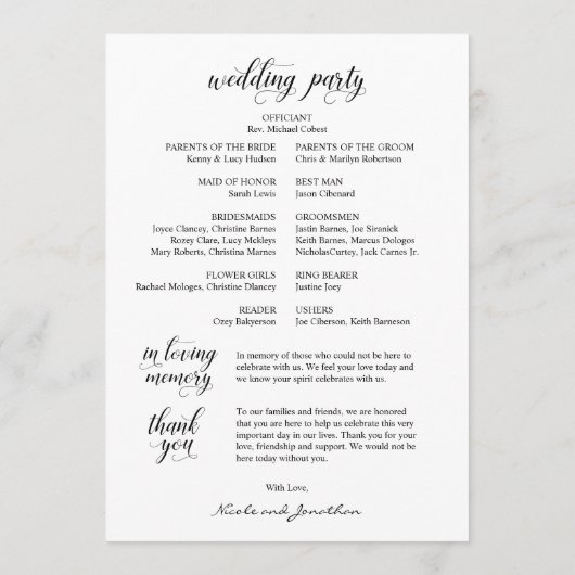 Elegant Classy, Black script, Wedding Ceremony Programmakaart (Achterkant)