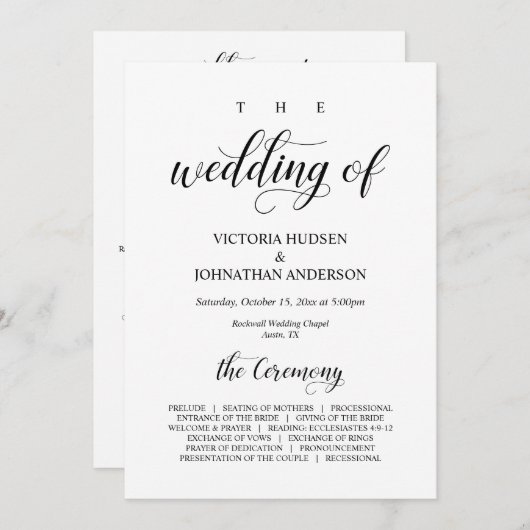 Elegant Classy, Black script, Wedding Ceremony Programmakaart (Voorkant / Achterkant)