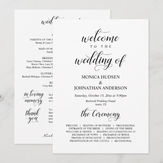 Elegant Classy, Black script, Wedding Ceremony Programmakaart (Voorkant / Achterkant)