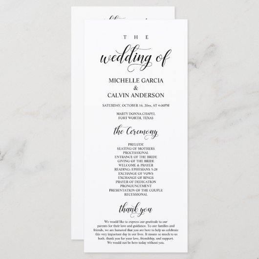 Elegant Classy, Black script, Wedding Ceremony Programmakaart (Voorkant / Achterkant)