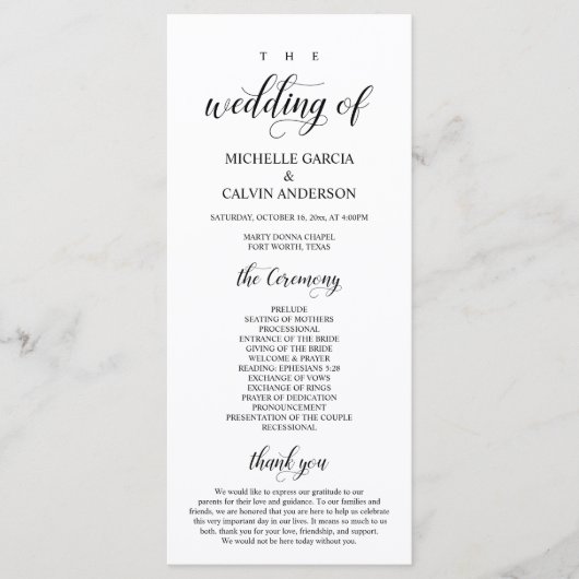 Elegant Classy, Black script, Wedding Ceremony Programmakaart (Voorkant)