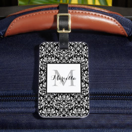 Elegant Classy Black White Monogram Damask Custom Bagagelabel