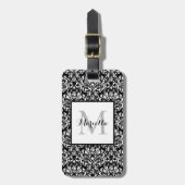 Elegant Classy Black White Monogram Damask Custom Bagagelabel (Voorkant verticaal)
