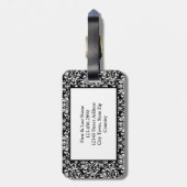 Elegant Classy Black White Monogram Damask Custom Bagagelabel (Achterkant verticaal)