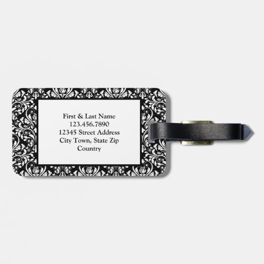 Elegant Classy Black White Monogram Damask Custom Bagagelabel (Achterkant horizontaal)