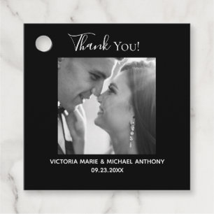 Elegant Classy Black White Photo Weddenschap Harte Bedankjes Labels