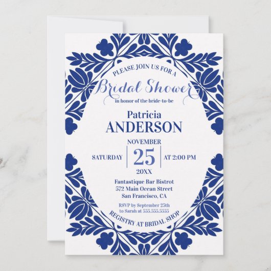 Elegant Classy Bloemen Blauw en Wit Vrijgezellenfe Kaart (Voorkant)