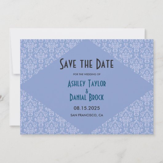 Elegant Classy Blue Damask Script Formele bruiloft Save The Date (Voorkant)