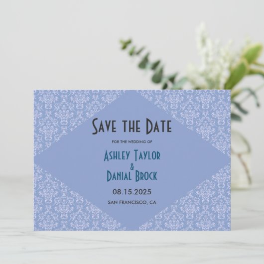 Elegant Classy Blue Damask Script Formele bruiloft Save The Date (Staand voorkant)