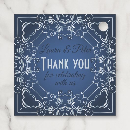 Elegant Classy Blue en Silver Wedding Jubileum Bedankjes Labels (Achterkant)