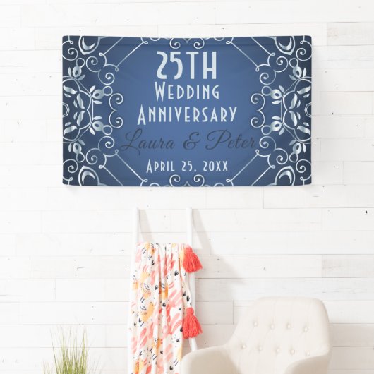 Elegant Classy Blue en Silver Wedding Jubileum Spandoek (Insitu)