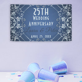 Elegant Classy Blue en Silver Wedding Jubileum Spandoek