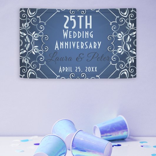 Elegant Classy Blue en Silver Wedding Jubileum Spandoek