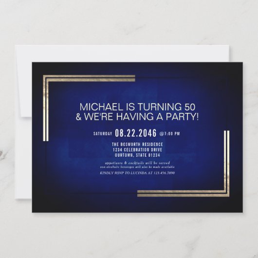 Elegant Classy Blue/Gold Birthday Party Kaart (Voorkant)