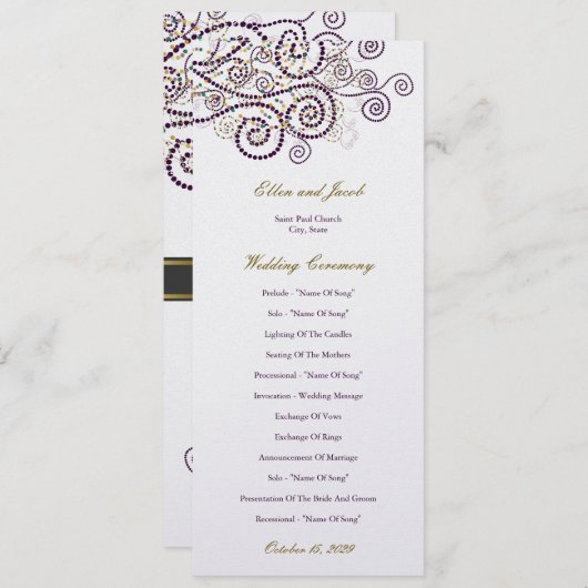 Elegant Classy Boho Paarse Spiralen Trouwprogramma Programmakaart (Voorkant / Achterkant)