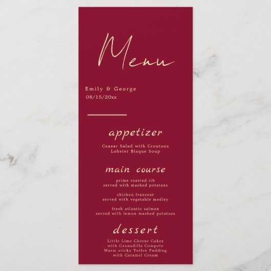 Elegant Classy Burgundy Gold Modern Chic Wedding Menu (Voorkant)