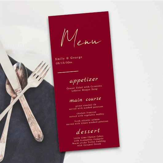 Elegant Classy Burgundy Gold Modern Chic Wedding Menu
