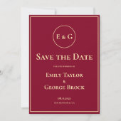Elegant Classy Burgundy Gold Monogram Chic Wedding Save The Date (Voorkant)