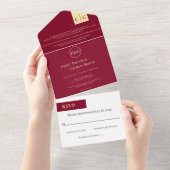 Elegant Classy Burgundy Gold Monogram Weddenschap All In One Uitnodiging (Afscheurbaar)