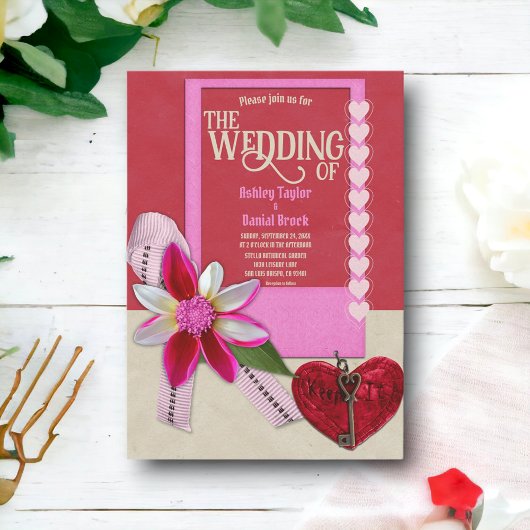 Elegant Classy Calligraphy Red Heart Bow Wedding Kaart