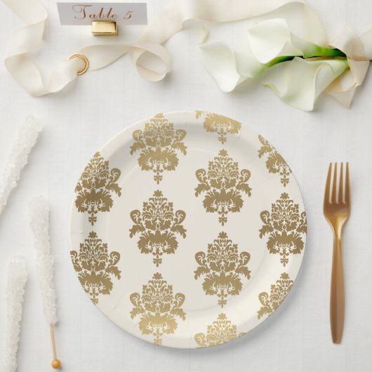 Elegant Classy Cream Gold Damask Patroon Papieren Bordje (Huwelijk)