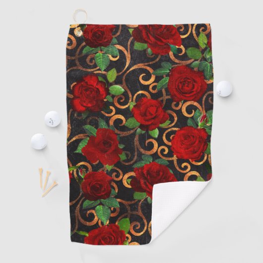 Elegant Classy Damask  Chic Black Red Roses Golfhanddoek (Insitu)