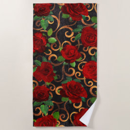 Elegant Classy Damask  Chic Black Red Roses Strandlaken