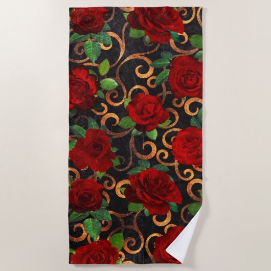 Elegant Classy Damask  Chic Black Red Roses Strandlaken (Voorkant)