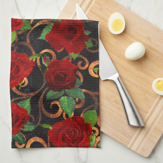 Elegant Classy Damask Chic Black Red Roses Theedoek (Quarter Fold)
