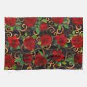 Elegant Classy Damask Chic Black Red Roses Theedoek (Horizontaal)