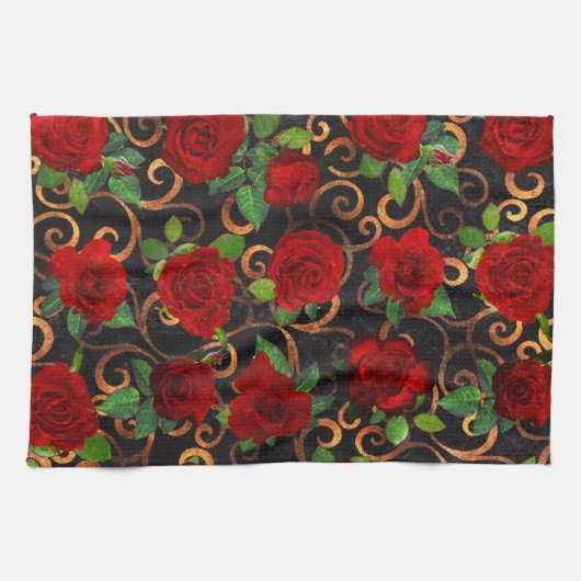 Elegant Classy Damask  Chic Black Red Roses Theedoek (Horizontaal)